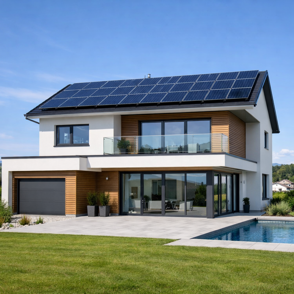 Moderne Photovoltaikanlage auf Wohnhaus in Oberösterreich