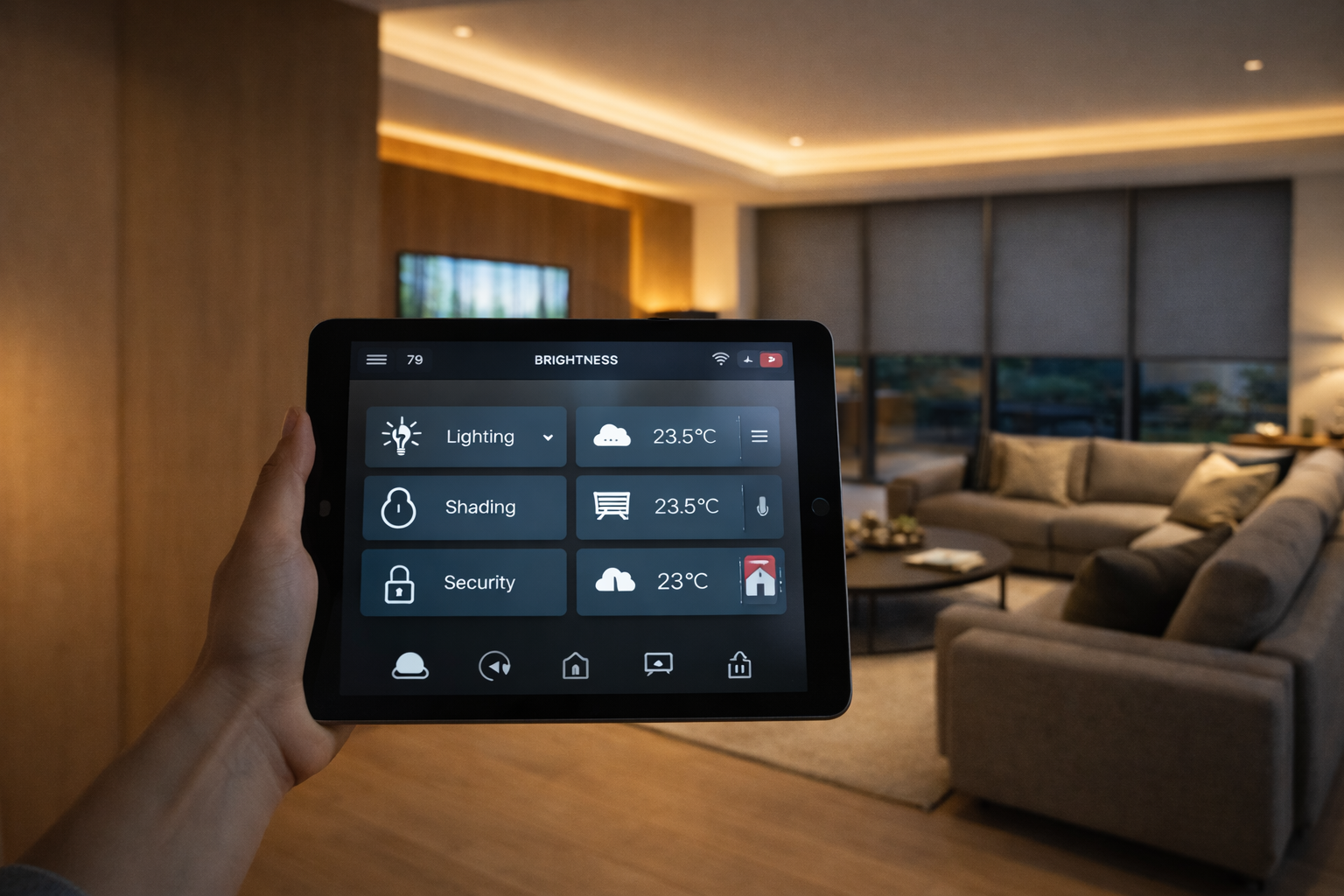 Tablet-Steuerung für Licht, Beschattung und Energie im Smart Home